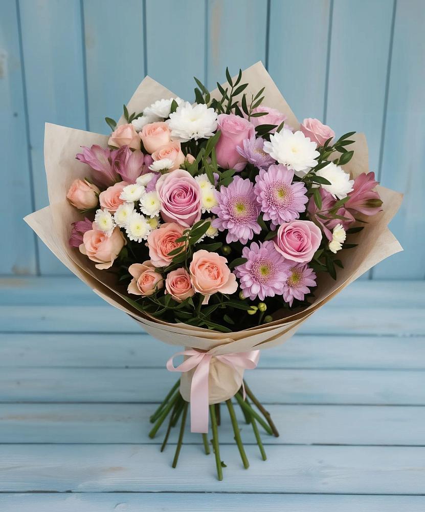 Букет цветов из: Хризантемы, Розы и Альстромерии в Карасуке