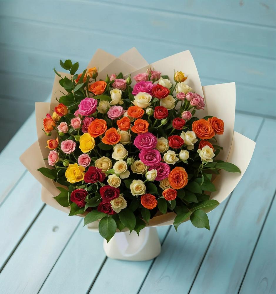 Букет Микс из разноцветных кустовых роз в Карасуке