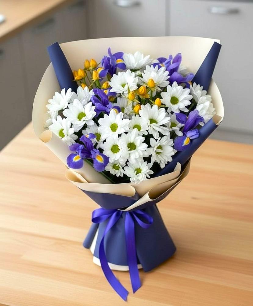 Букет цветов из: Розы, Ирисы и Хризантемы в Карасуке