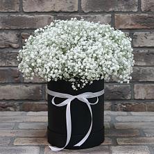 Цветочная композиция из Гипсофила в шляпной коробке в Карасуке